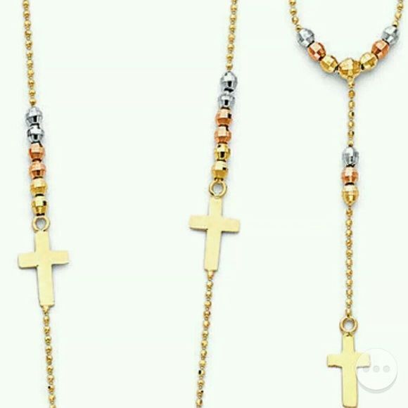 14K Tri-Color Gold 2mm Bead Rosary Necklace